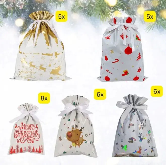 Holiday Magic Drawstring Gift Bags – Reusable & Festive Wrapping (Assorted Designs)