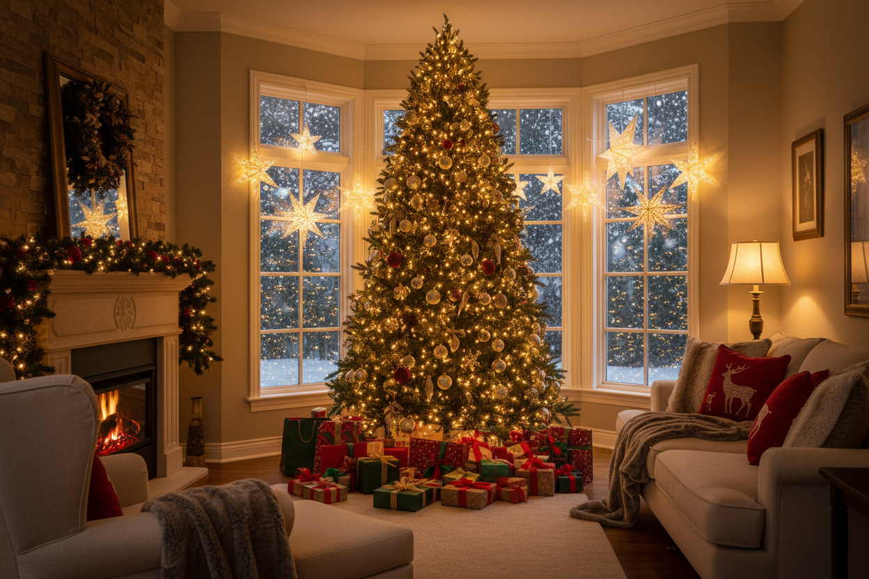 Beautiful Christmas living room with glowing Christmas tree, decorative holiday lights, festive gift bags and wrapped gifts under the tree, magical cozy winter aesthetic, warm golden lighting, soft falling snow visible outside window, cinematic photography, ultra–sharp detail, premium e-commerce banner style, 16:9 banner format.