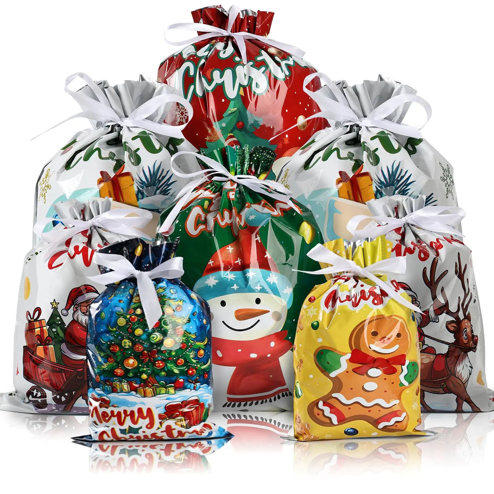 MerryMix 20-Pack Christmas Drawstring Gift Bags – Assorted Sizes & Festive Designs