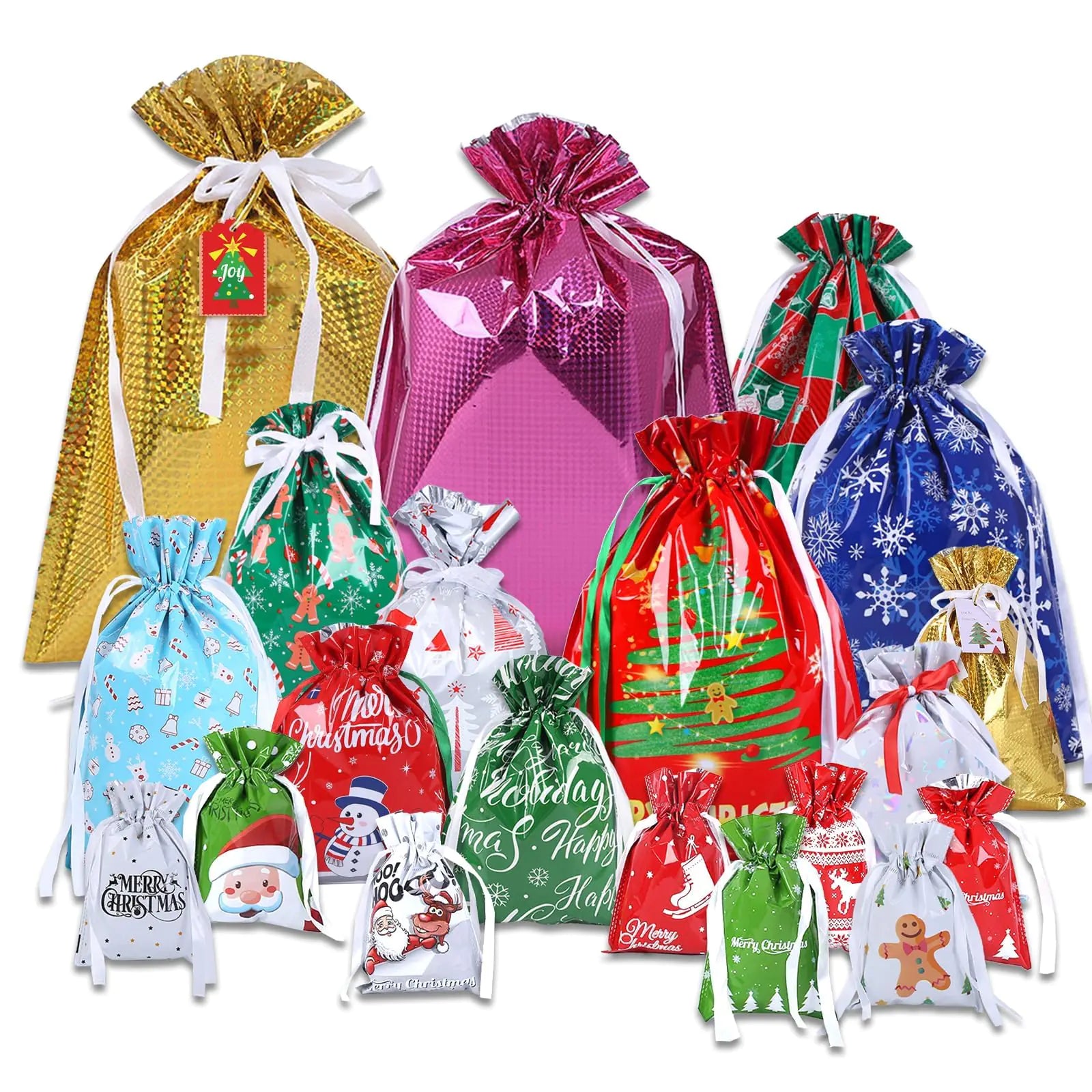 MerryWrap 32-Pack Foil Drawstring Gift Bags with Tags (Assorted Holiday Designs)